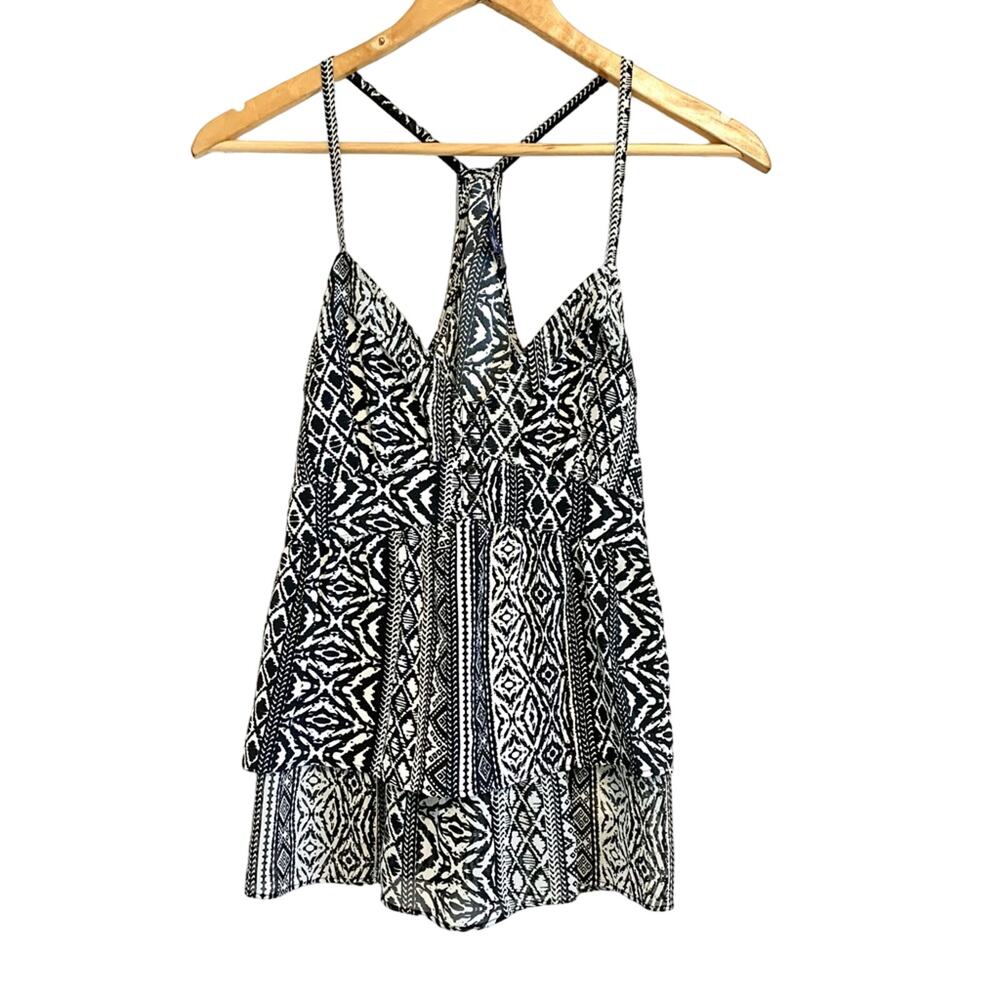 American Eagle Sleeveless Plunge Neck Blouse Black and White Tribal Small